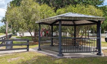 A covered picnic pavilion for visitors to use
