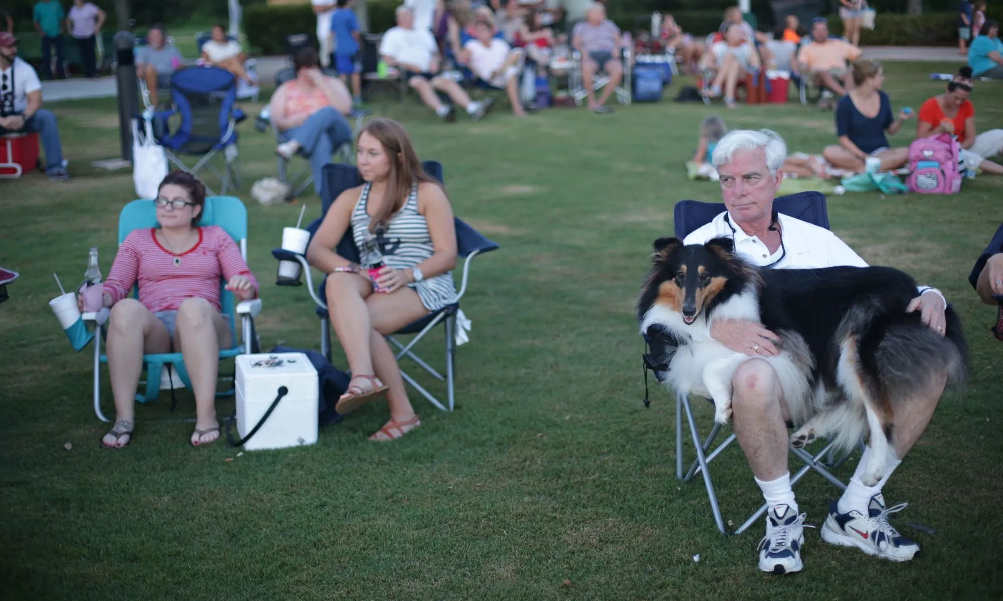 A dog sits on his owner's lap at an outdoor concert while two ladies look on