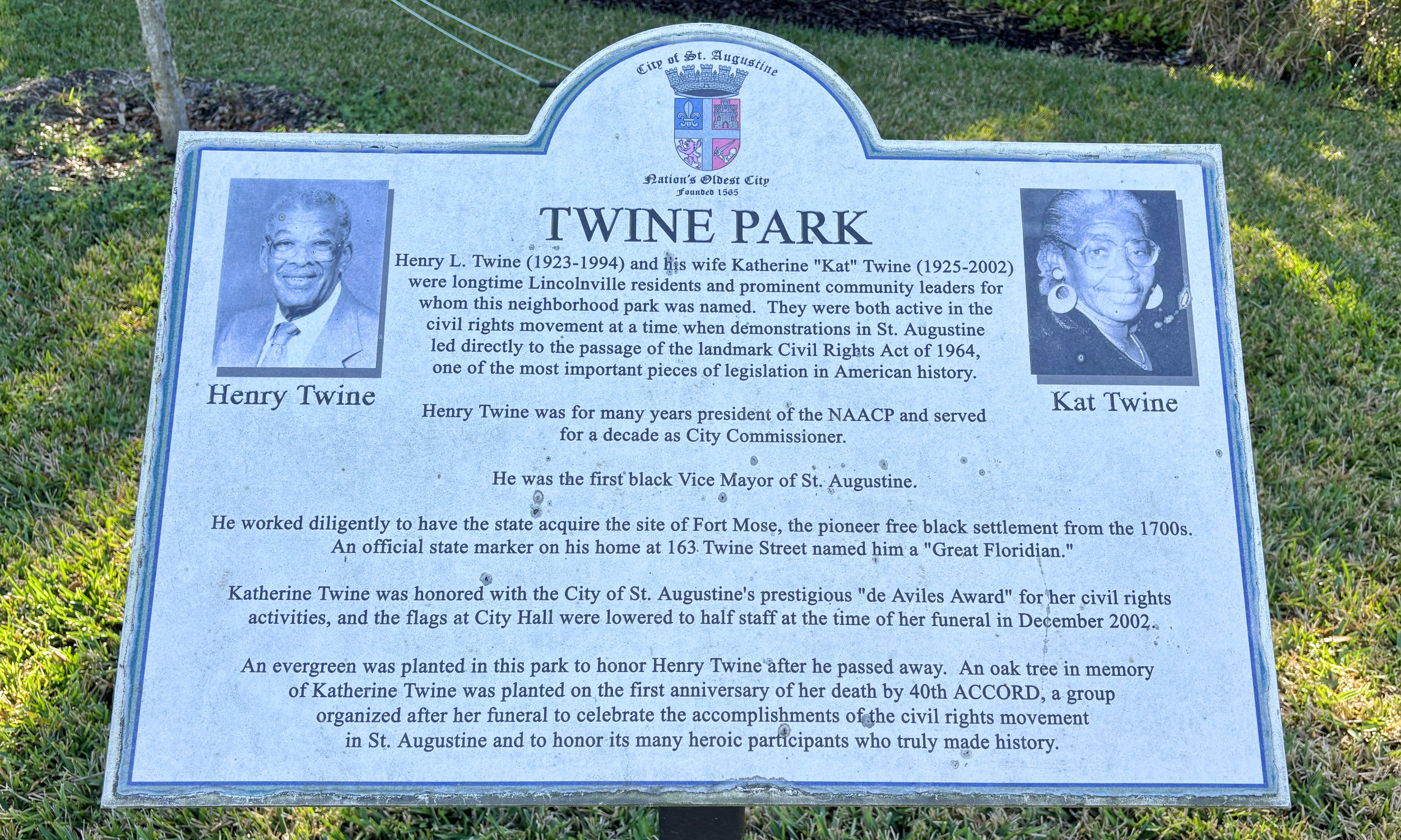 A historical marker installed by the City of St. Augustine at Twine Park. Full marker text in Twine Park profile.