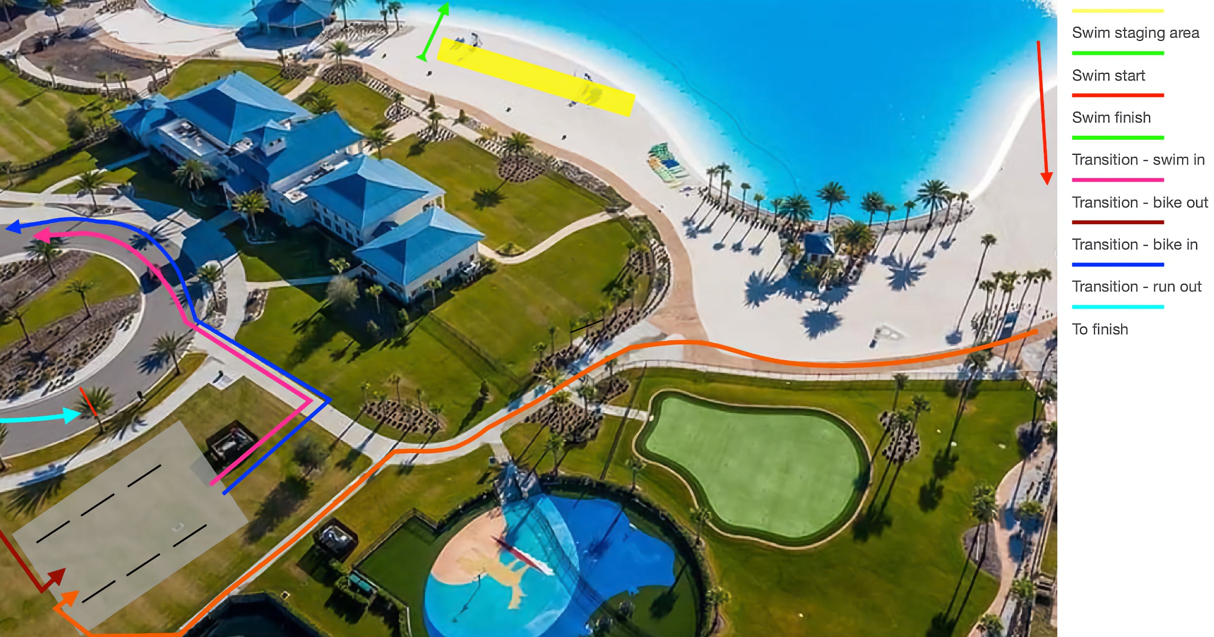 Ultimate Tri transition area map near the lagoon in the Beachwalk community