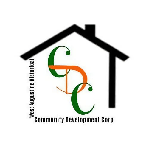 Logo of the West Augustine Historical Community Decelopment Corporation, which is a black outlined house with green and orange "CDC" inside.