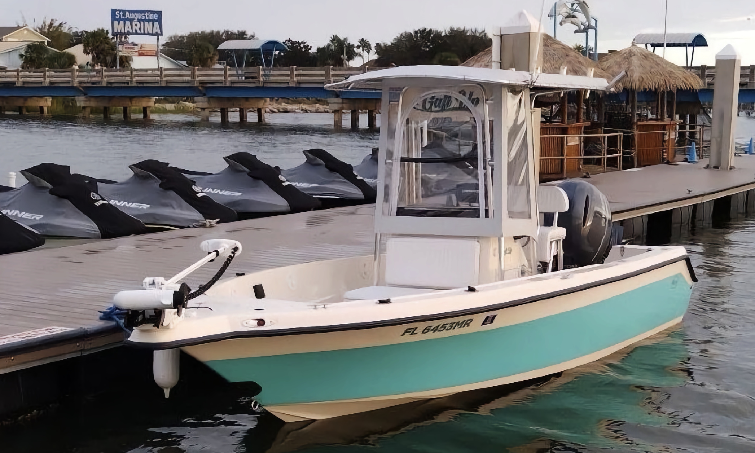 A Key West power boat on the dock at Beaches Marina