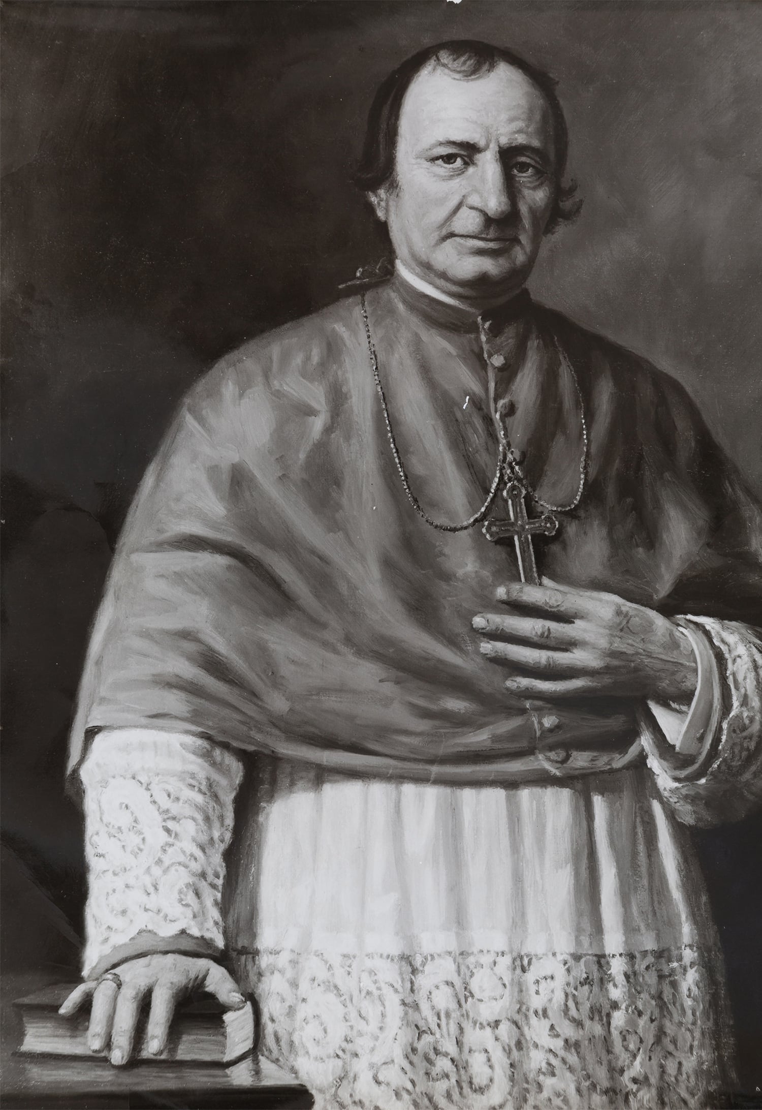 B&W painting of an older man in a priest's cape, large cross necklace.