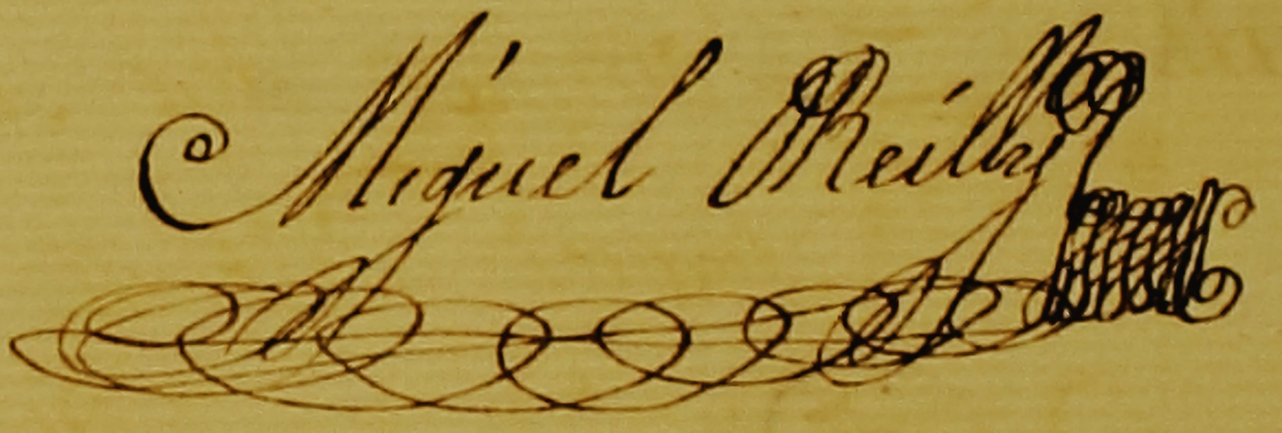 Cursive, swirling signature of Don Miguel O Reilly on parchment. 