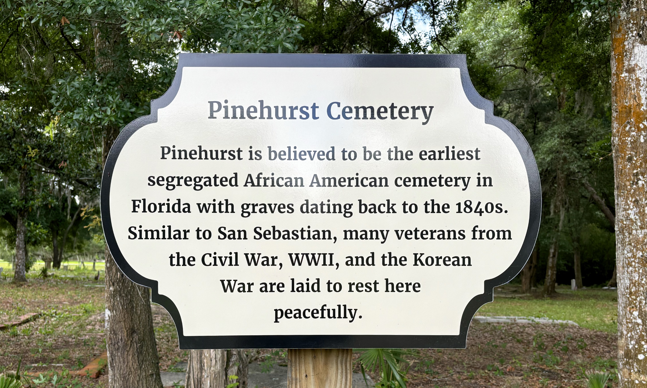 Historical marker for Pinehurst Cemetery.