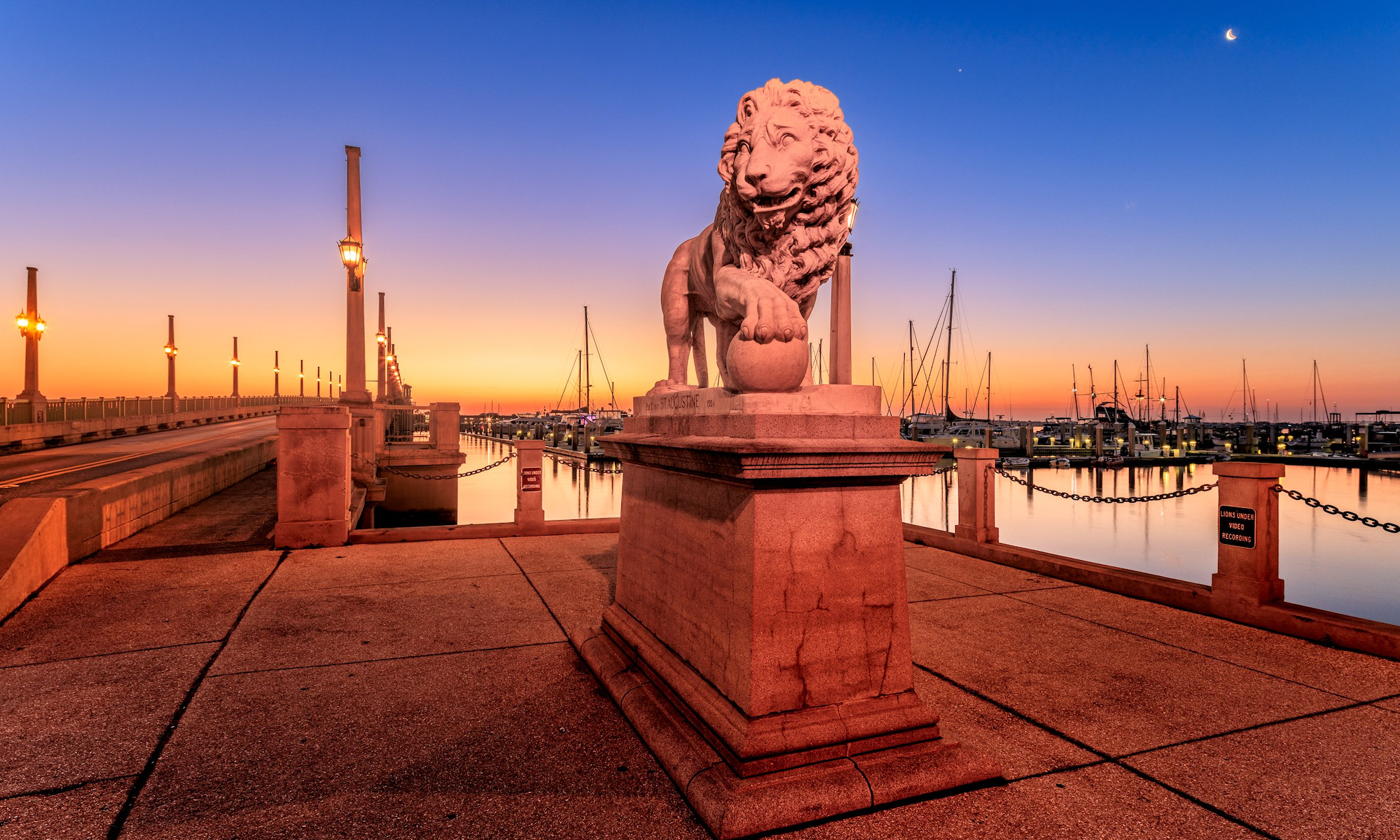 One of the lion statues at the bridge when the light is changing