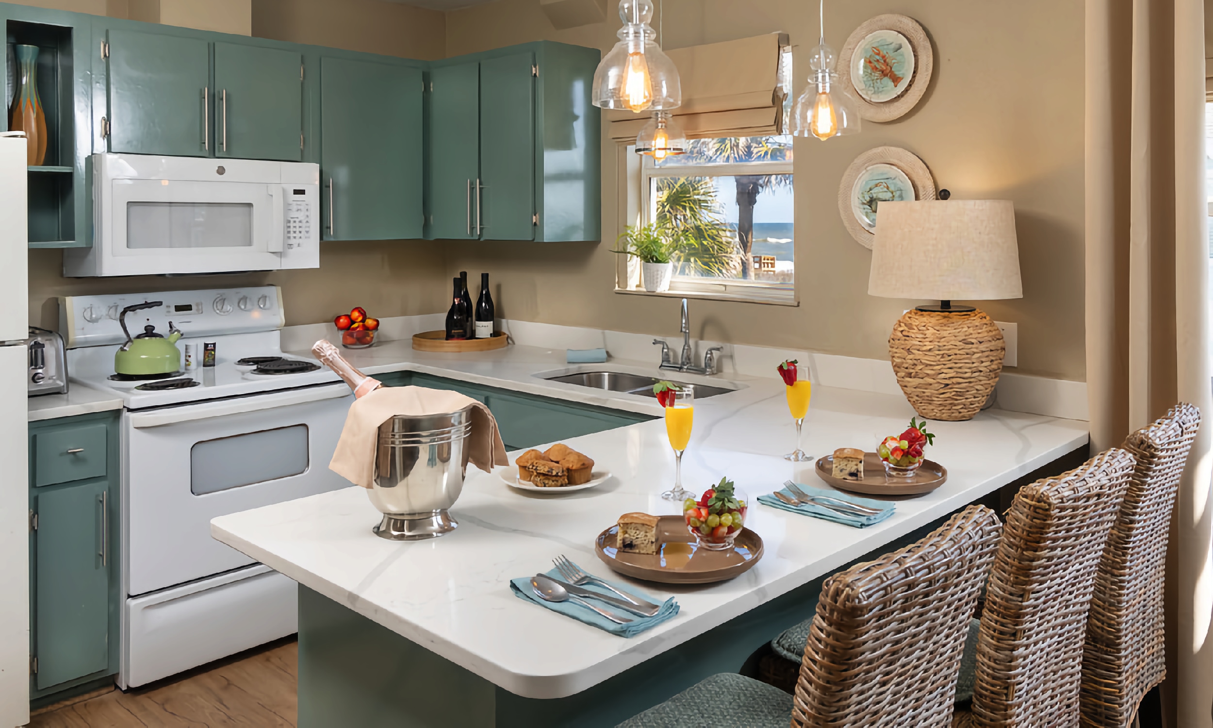 This kitchen at Beachcomber on Vilano has an eating counter, and a view of the ocean