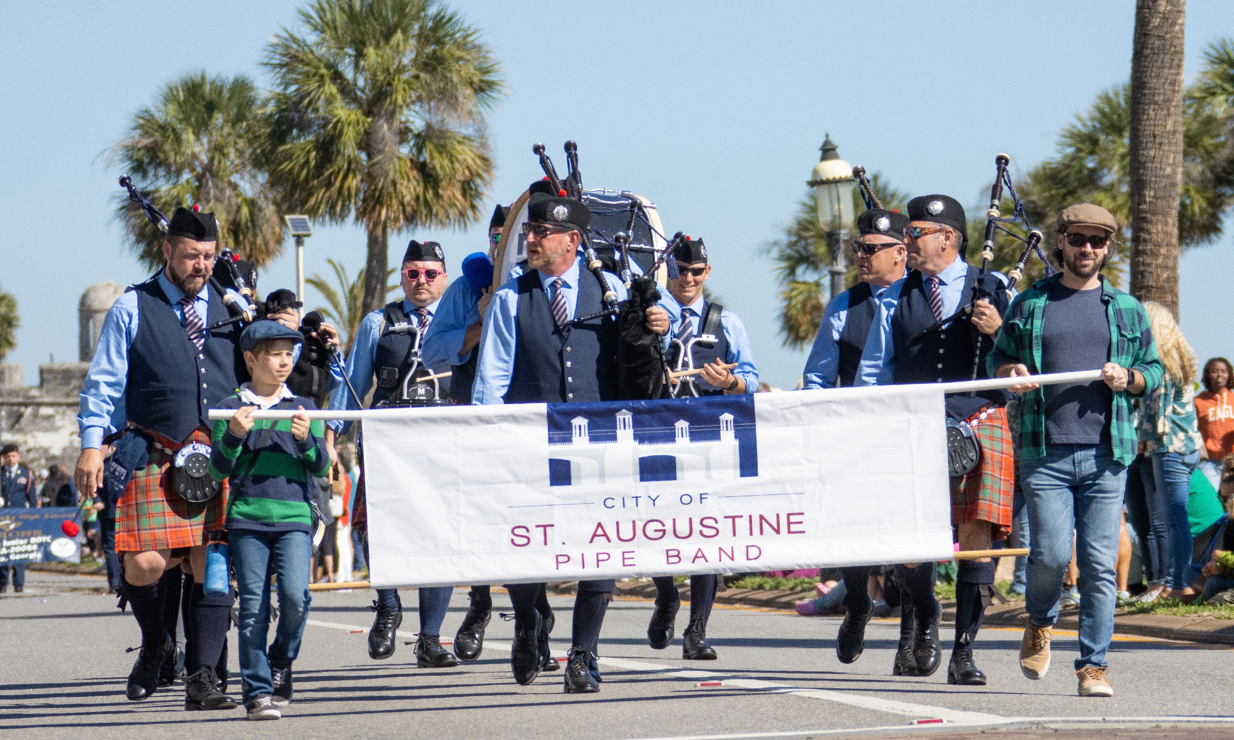 The City of St. Augustine Pipe Band marching on San Marco 