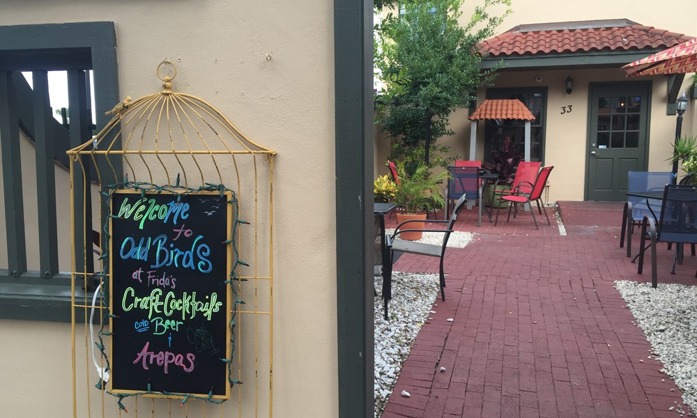 The entryway to Odd Birds craft cocktail bar in the heart of downtown St. Augustine, Florida.