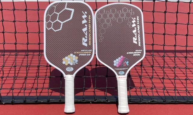 Pickleball paddles resting on a pickleball net