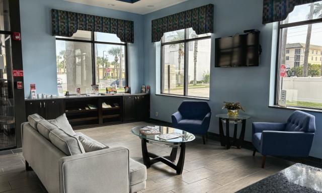 The lobby at this hotel near the beach offers a charming seating area