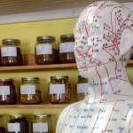 A full color image of an acupunture mannequin in front of several shelves of jars.