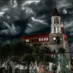 A photo of the Cathedral in St. Augustine, admits dark clouds