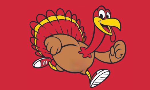 Turkey Trot 5K logo featuring a running turkey on a red background
