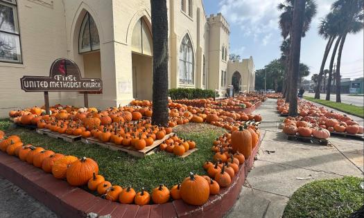 Pumpkins in front of the First United Methodist Church