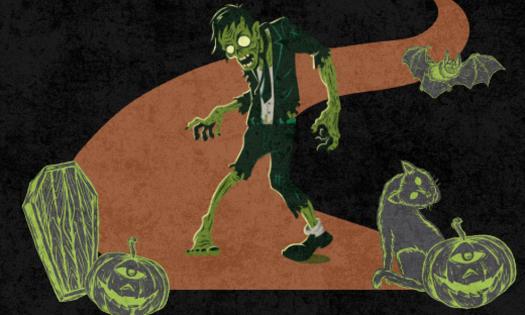 EstuScary Haunted Trail flyer featuring a zombie on a trail surrounded by pumpkins and bats