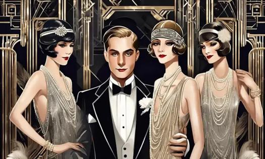 Art showcasing one man and three women dressed in Great Gatsby 1920s fashion