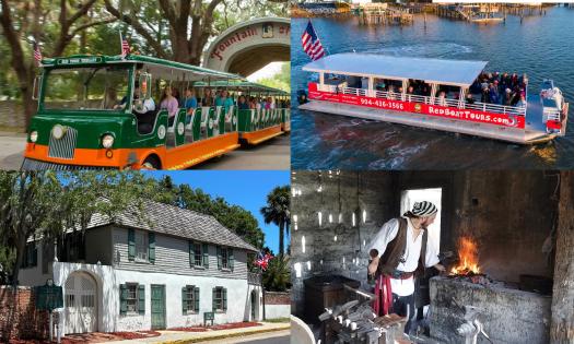 To show the TourPass, a photo collage of four activities in St. Augustine, Old Town Trolley Tours, Red Boat Water Tours, Oldest House Museum, and a forge at the Colonial Quarter