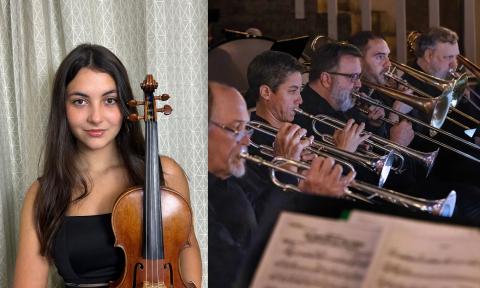 Violinist Leila Warren, standing next to an orchestra's horn section 