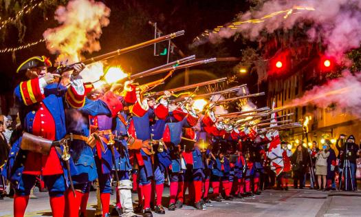 Reenactors defending St. Augustine during the Colonial Night Watch.