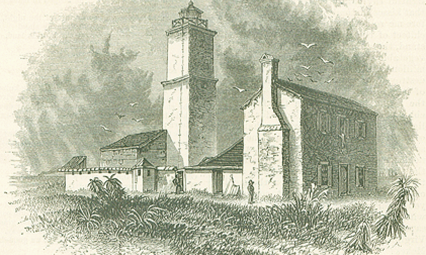 A black and white illustration of the Old Lighthouse in St. Augustine, Florida. It is a square tower building with a structure for the light and the railing atop it. A few outbuildings surround it — the tallest being two stories. It is surrounded by marsh grass and palmettos.