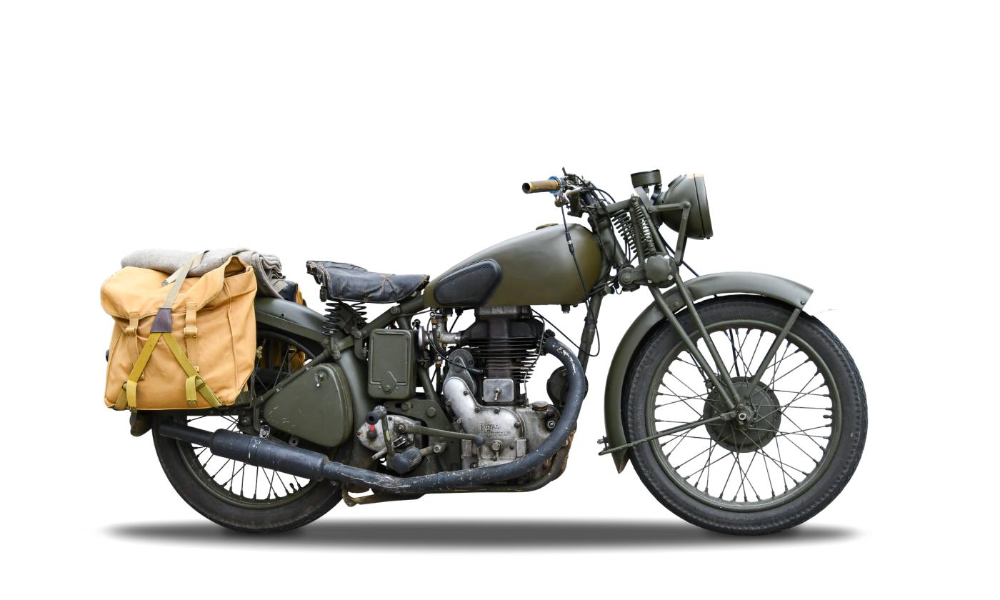 A classic military motorcycle on a white background.