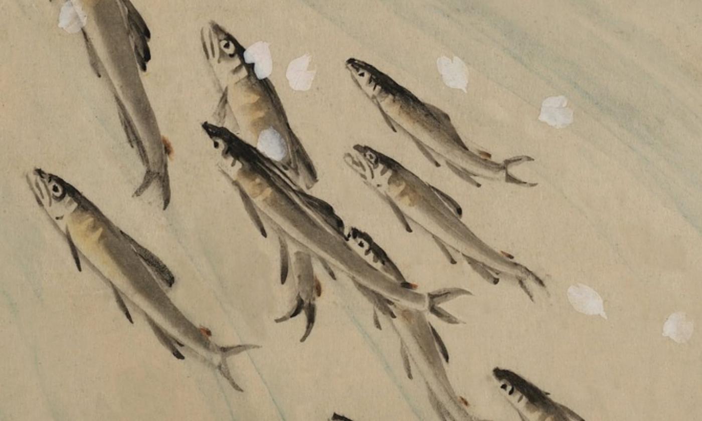 Japanese style painting of a school of small fish