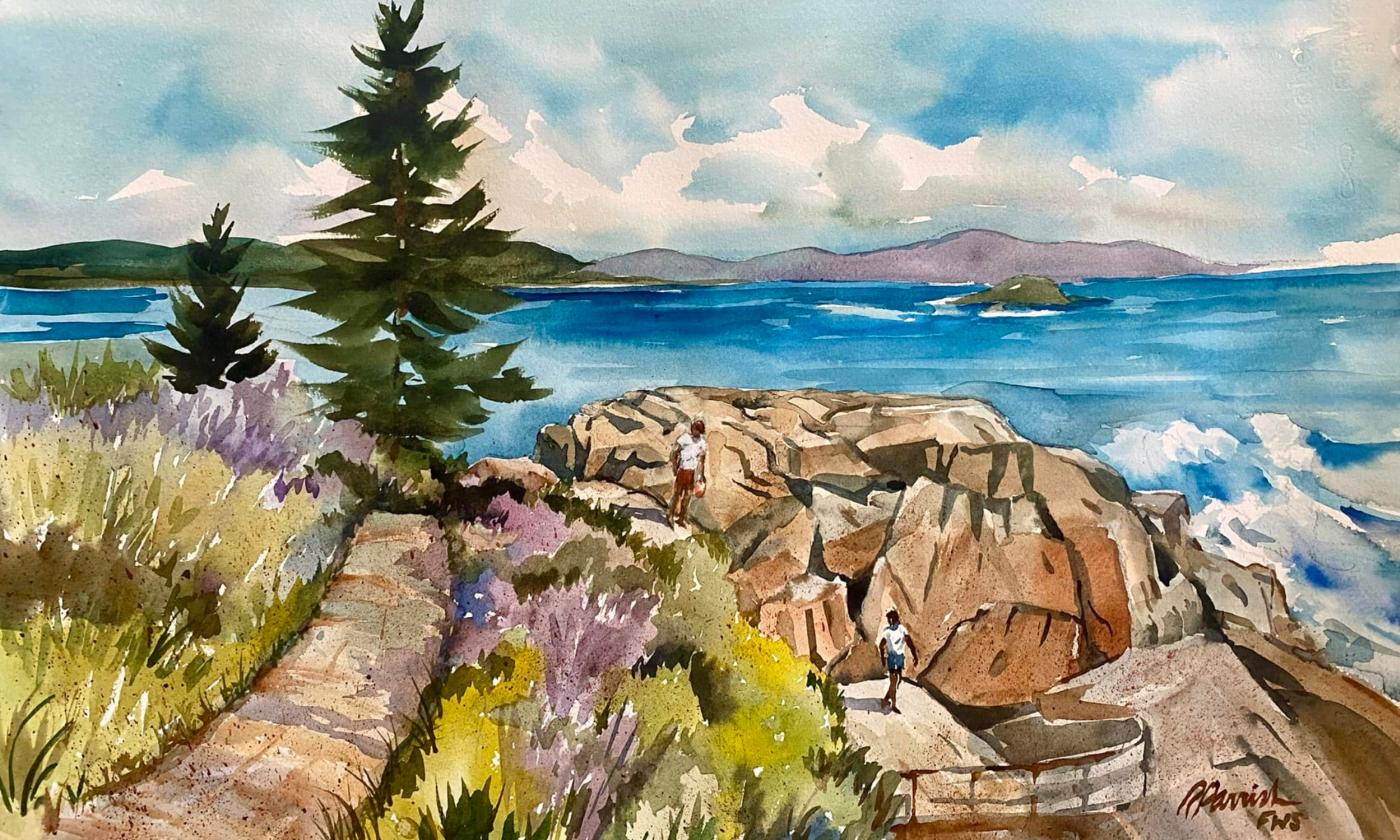 A painting by Rosamond Parrish, of the cliffs, waves, and trees along the Maine Coast