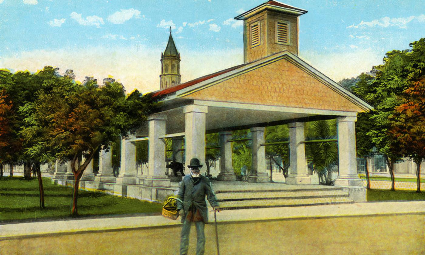 An old drawing of African-American gentleman in front of the old slave market.