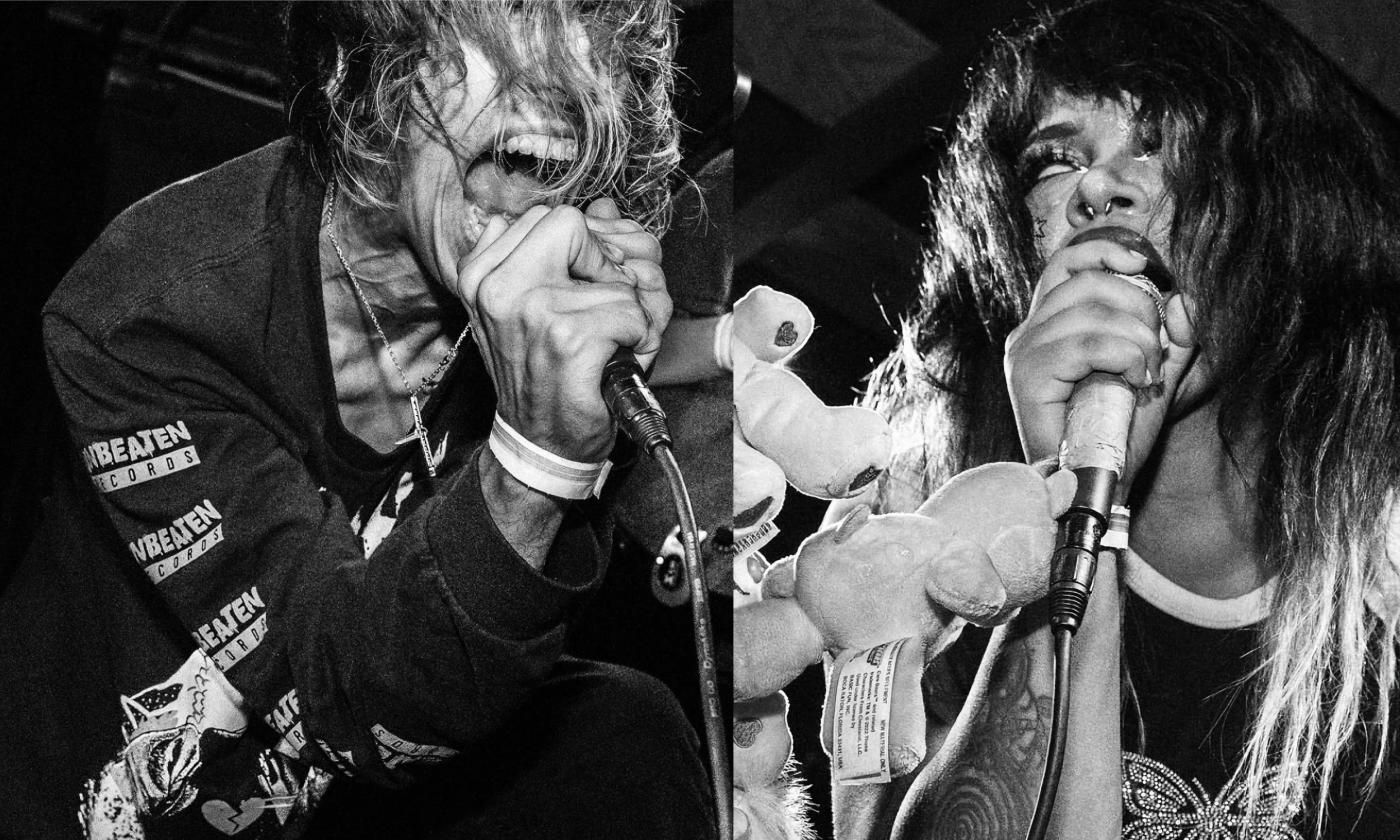 A B&W collage of two portrait close ups of the members of FL band, GILT. They passionately scream into their microphones.