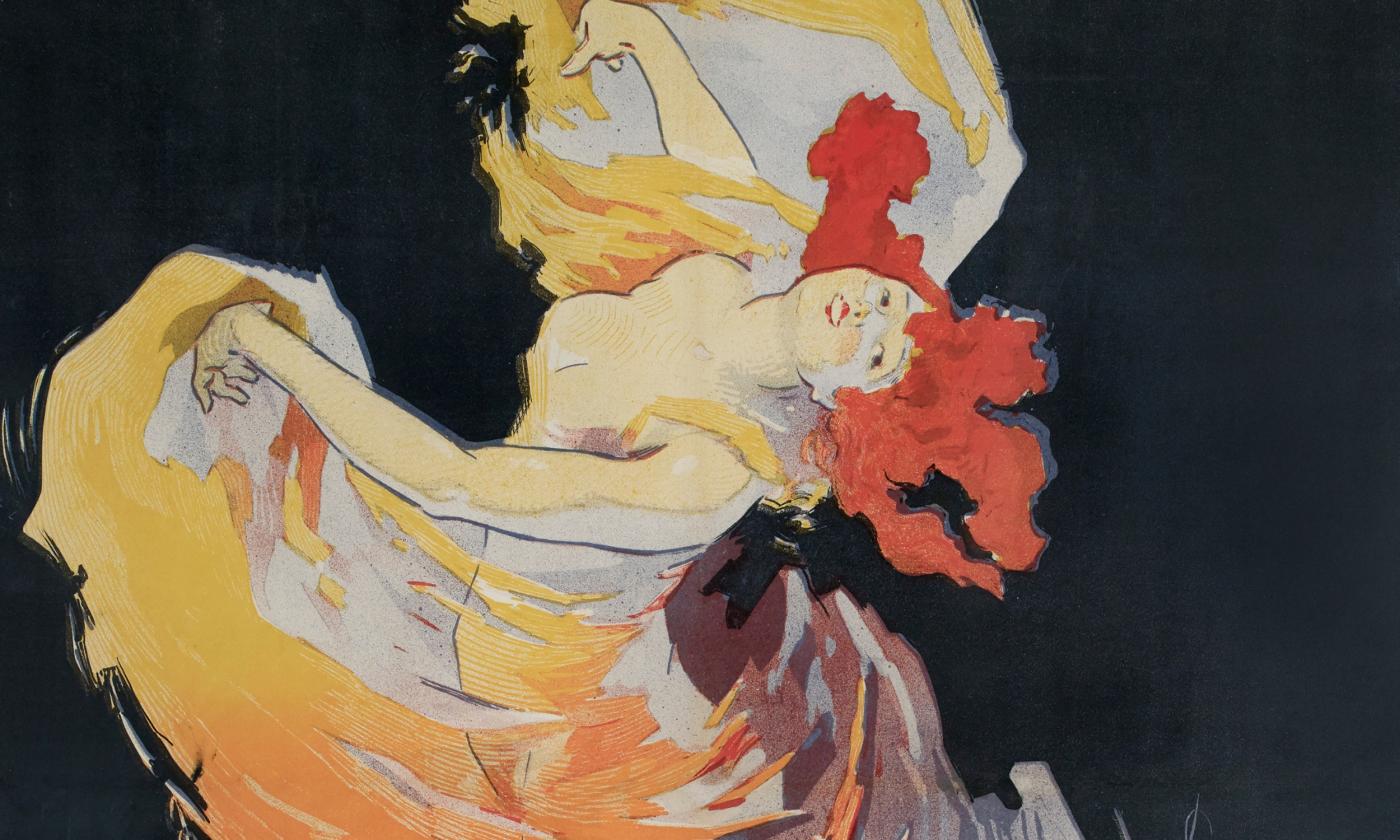 A painting of a red-haired woman dancing exuberantly in a gold gown