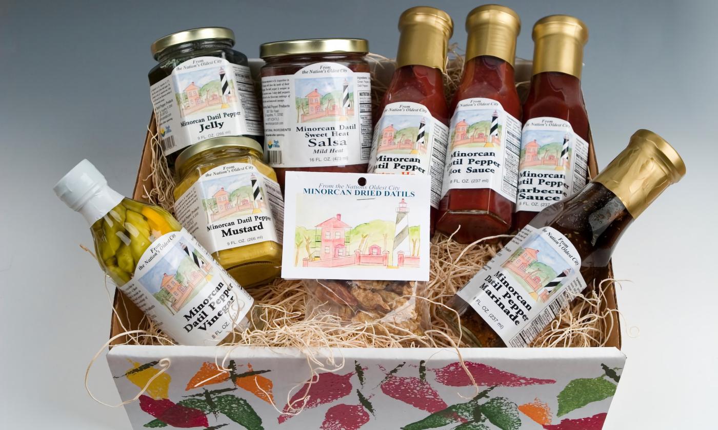 An array of Datil pepper items in a basket