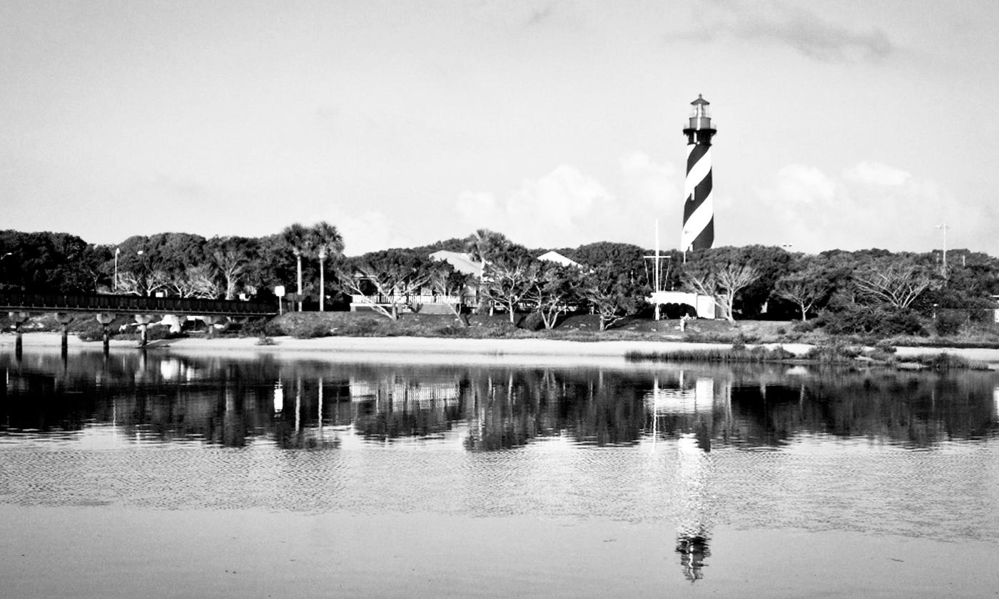 The St. Augustine Lighthouse, in black and white, from Salt Run