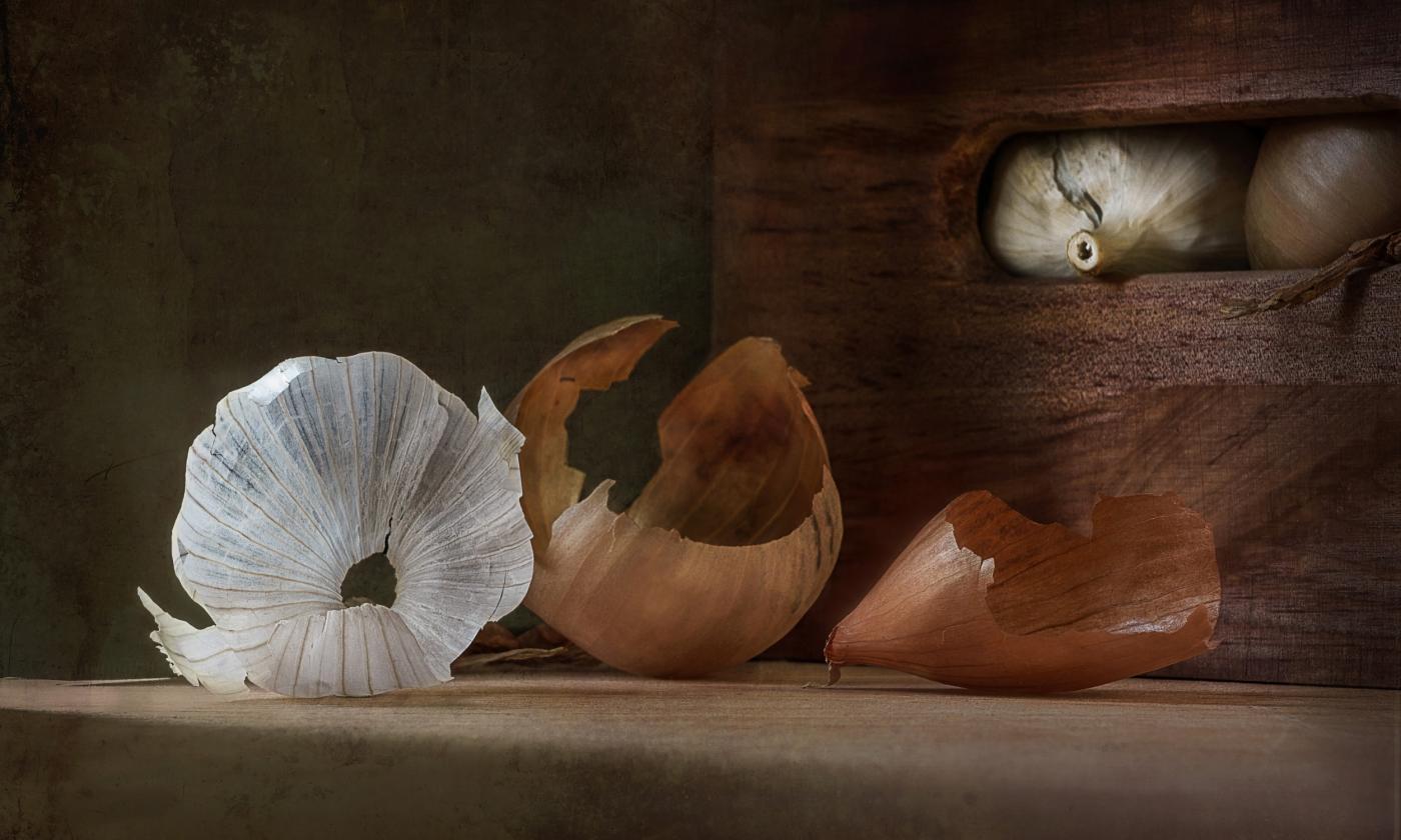 The outside skin of a garlic and an onion, on wooden table