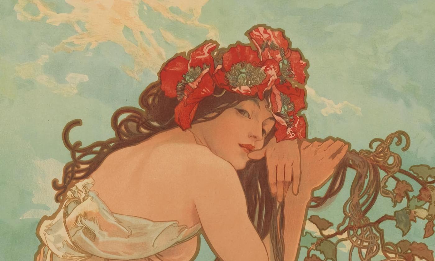 A section for Autumn of the 1896 poster entiled "Seasons" by Alphonse Mucha, shows the upper body of a woman, leaning against a vine.