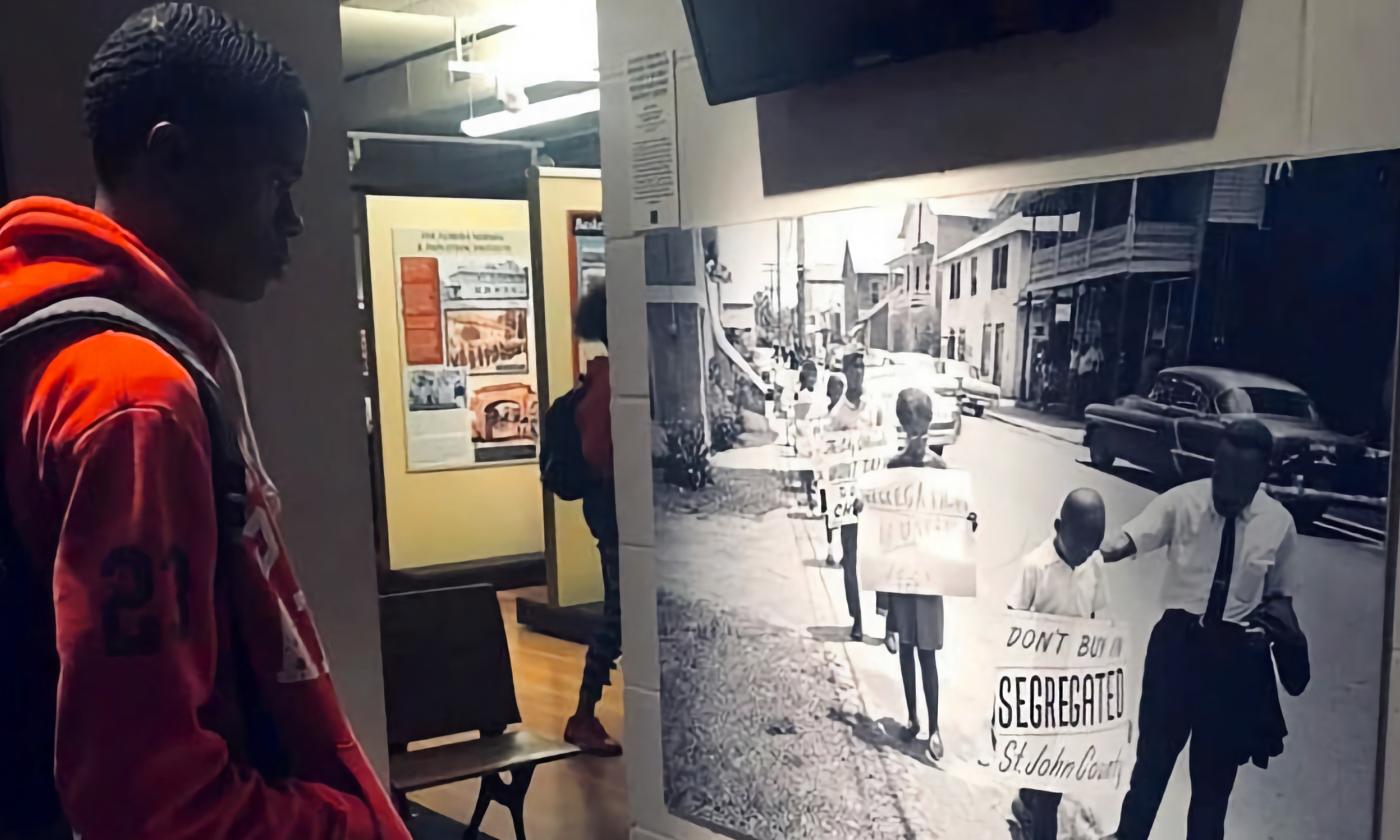 A boy viewing a photo of Martin Luther King Jr. and others during a peaceful protest