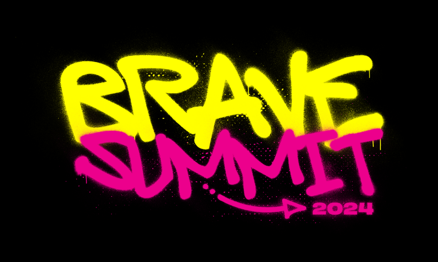 Colorful bold letters for the Brave Summit are presented with a black backdrop. 