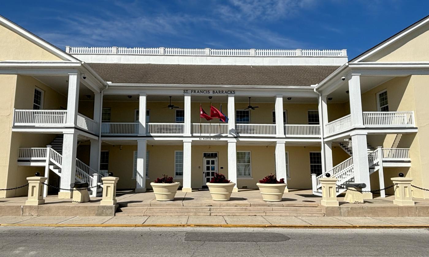 The front exterior of the St. Francis Barracks building