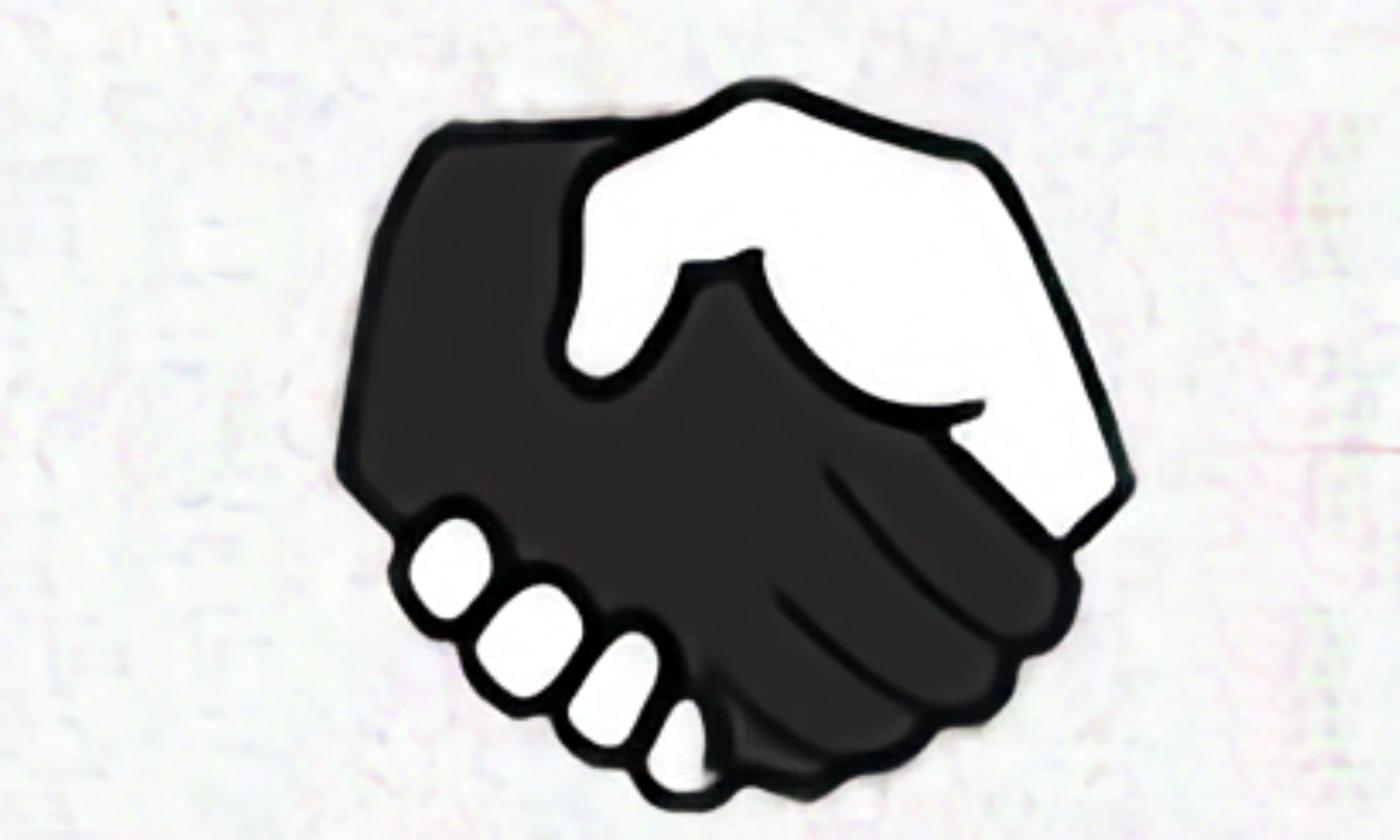 Logo on white BG. Illustration of shaking hands, one Black, one White.