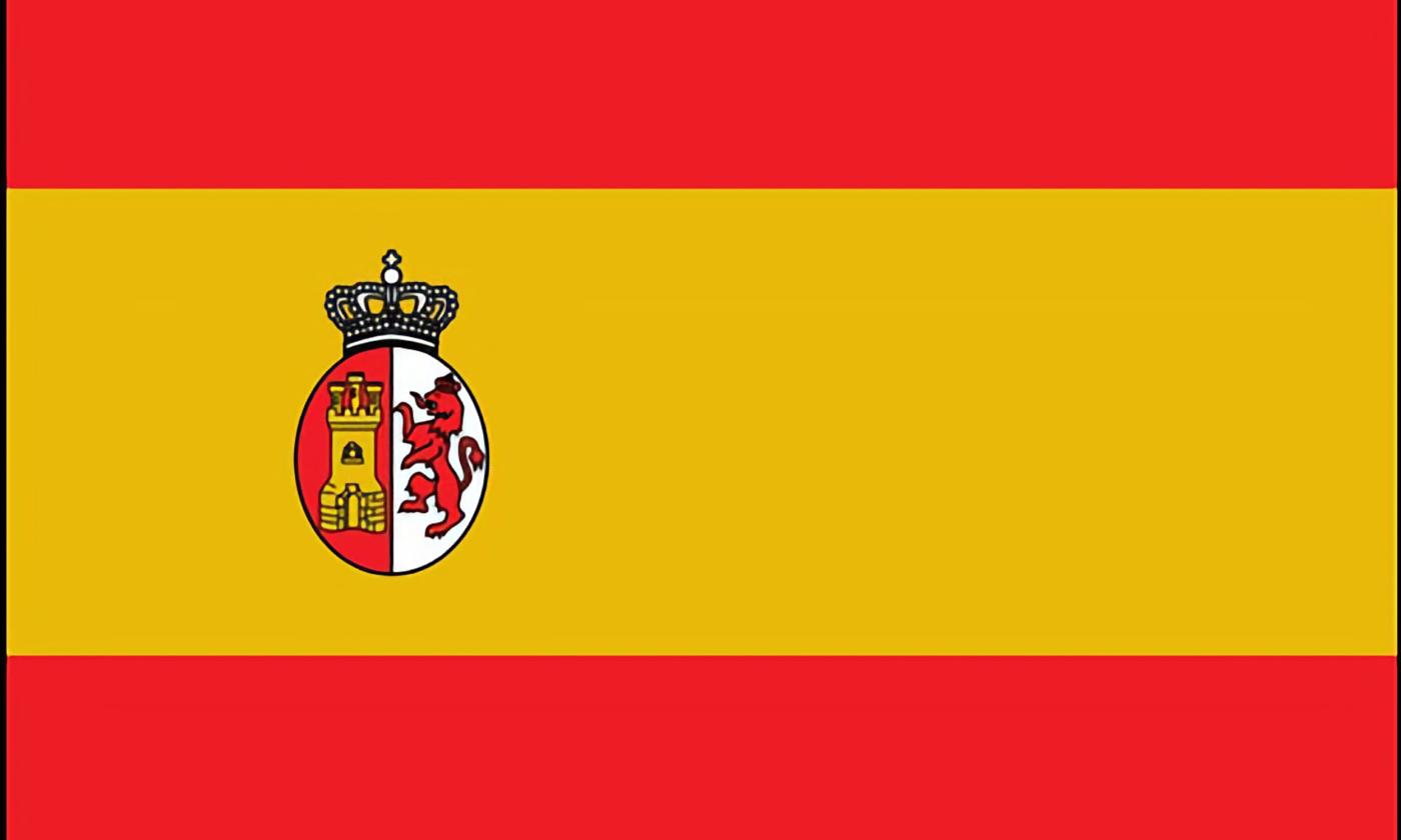 Red and yellow flag of Spain, bearing seal in middle left quadrant.