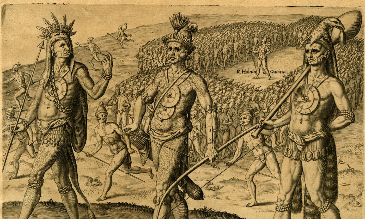 Sepia line illustration. Three Timucua leaders in foreground. Groups of warriors in formation in background.