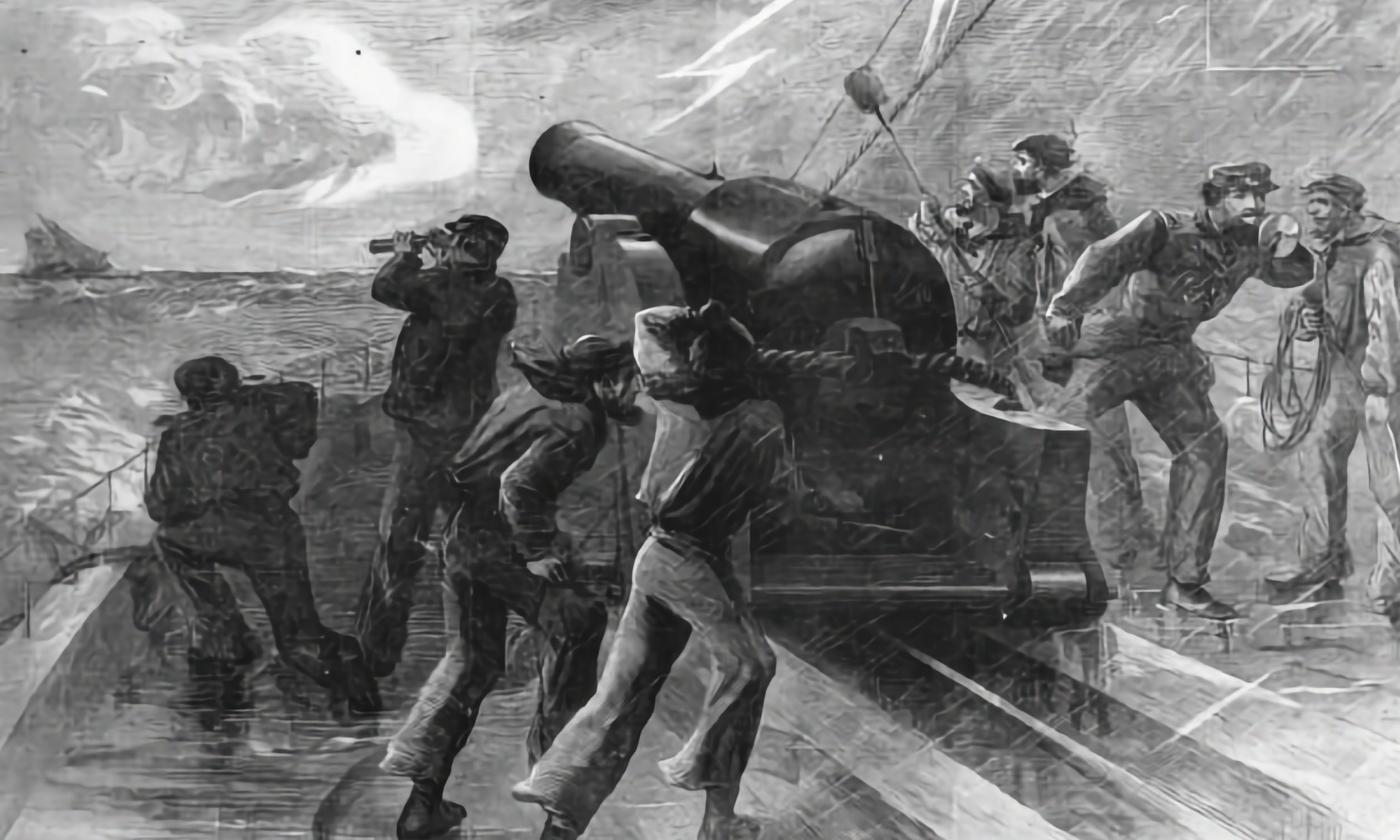 B&W illustration. 8 soldiers man a cannon ball on the deck of a ship. Another ship in the distance.