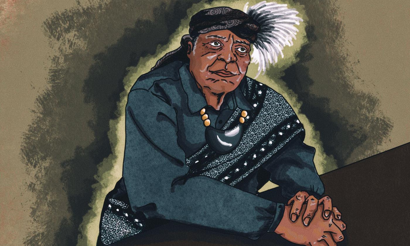 Illustration of a African American man in Seminole garb folding his hands at a table.