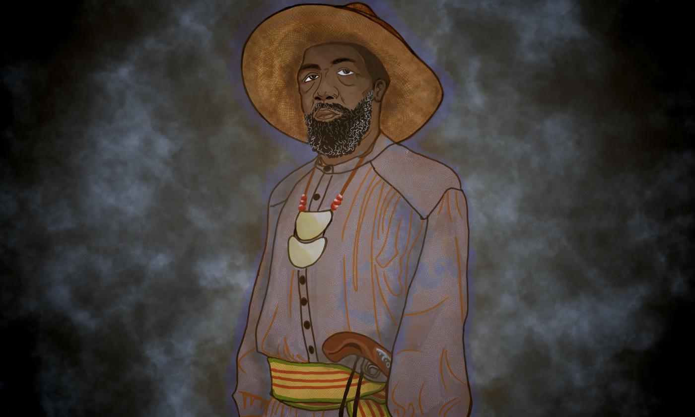 Illustration of a Black man in Seminole garb. dark cloudy BG.