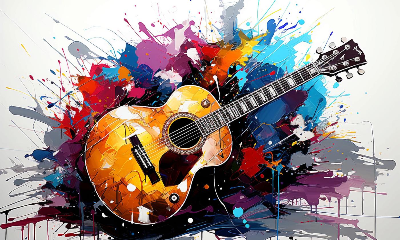 An image of a guitar, with the appearance of splashed paint surrounding it