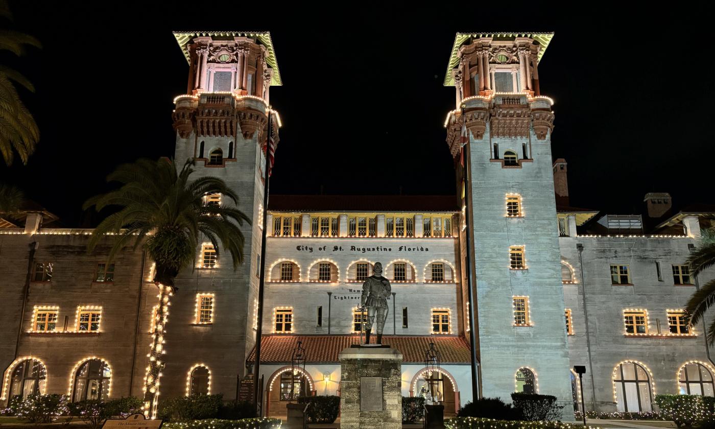 The exterior of the Lightner Museum during Nights of Lights