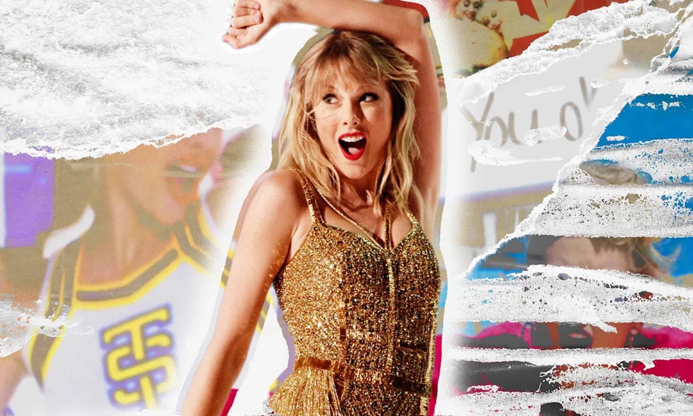 Taylor Swift dancing in front of a collage