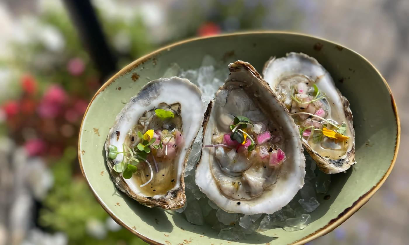 A small green bowl with three raw oysters topped with hot peppers and other fresh ingredients