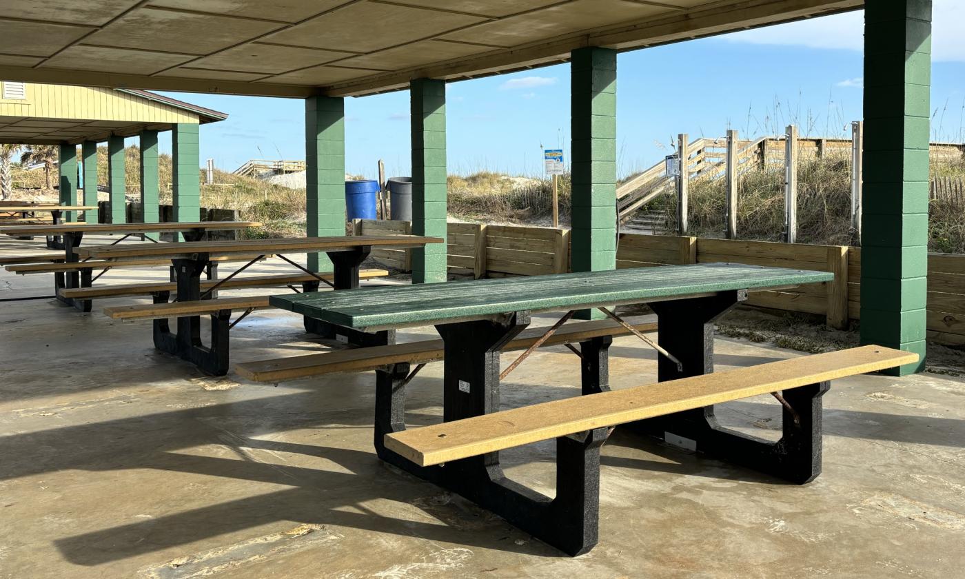 Picnic tables under the pavilions