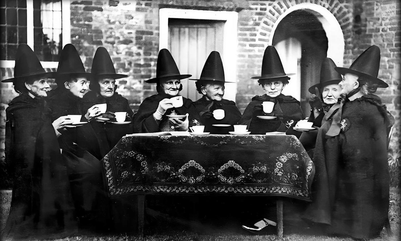 A group of witches sitting around a table having tea